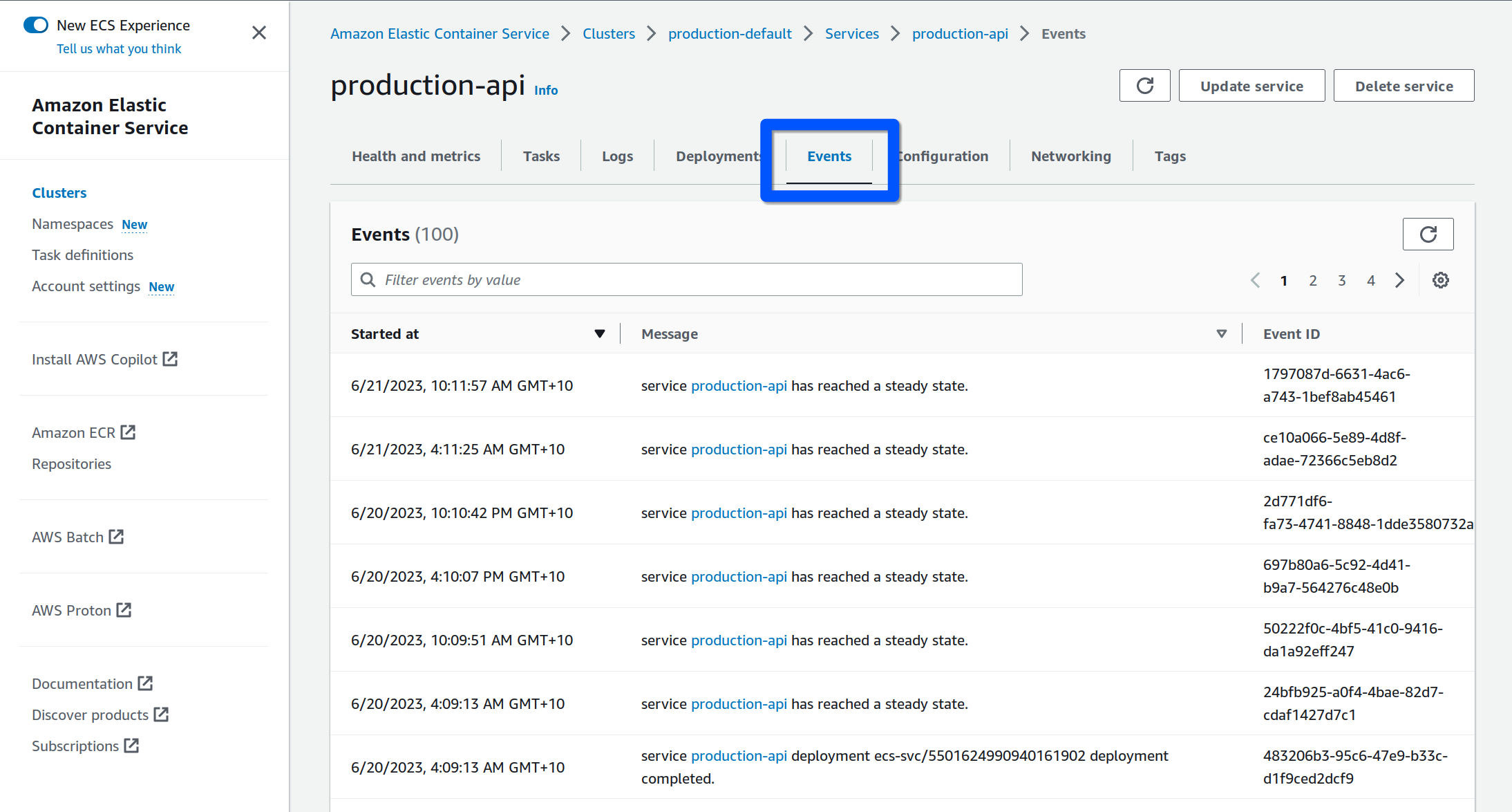 Example ECS events tab for the production API