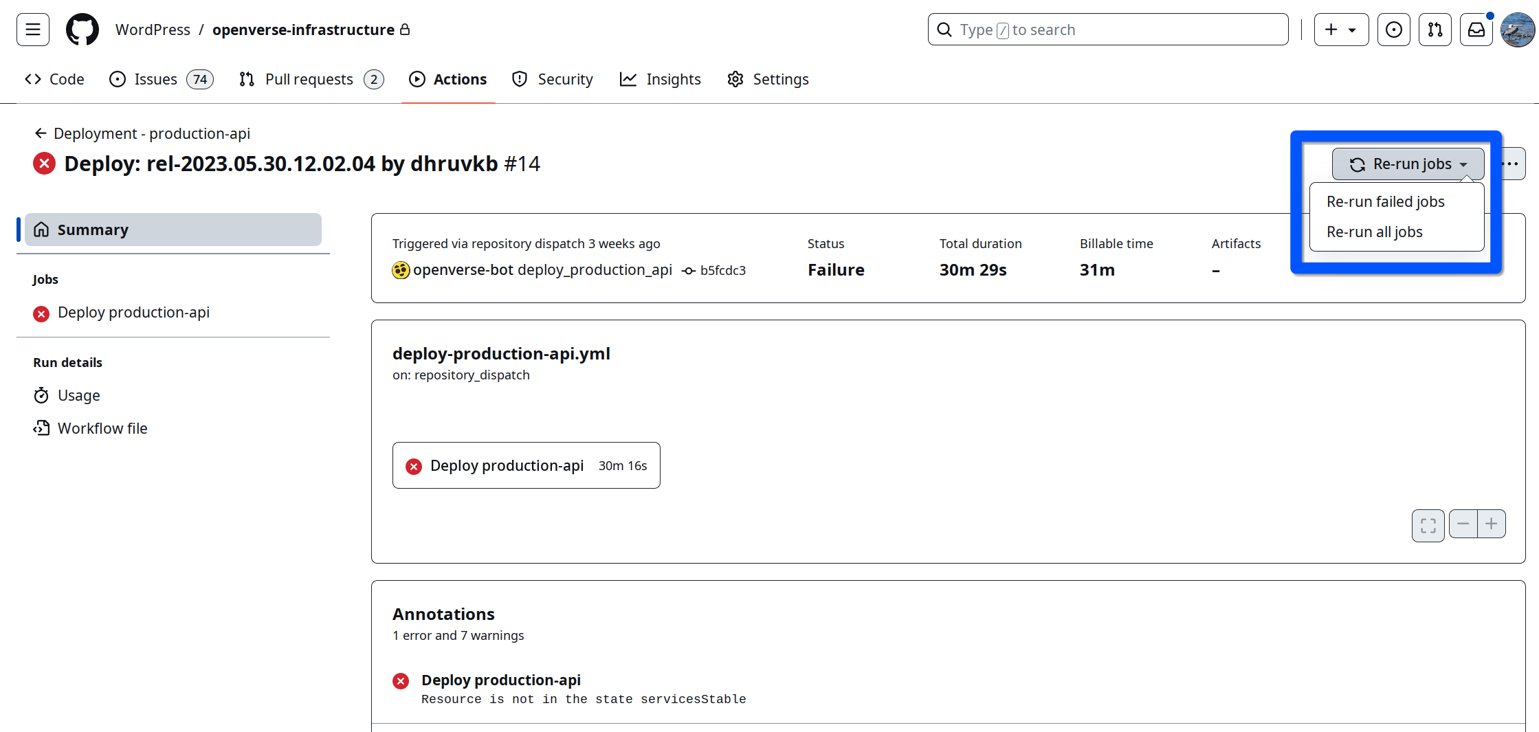 Example failed production API deployment workflow.