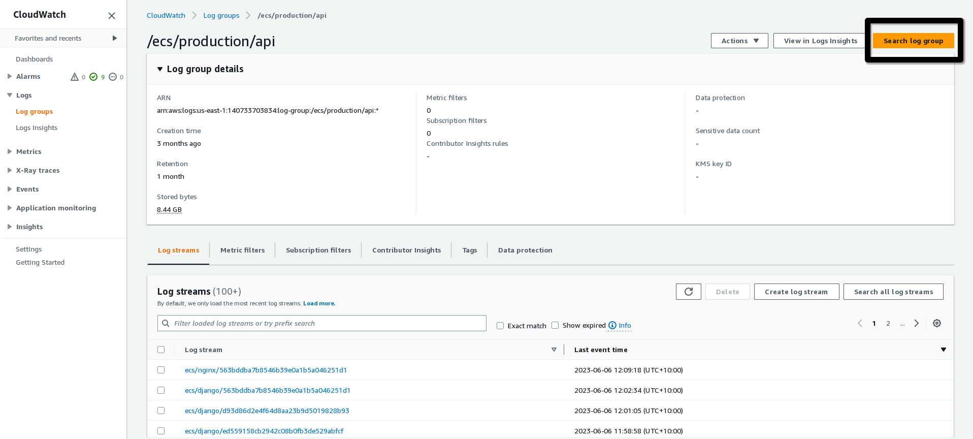Search log group button in CloudWatch